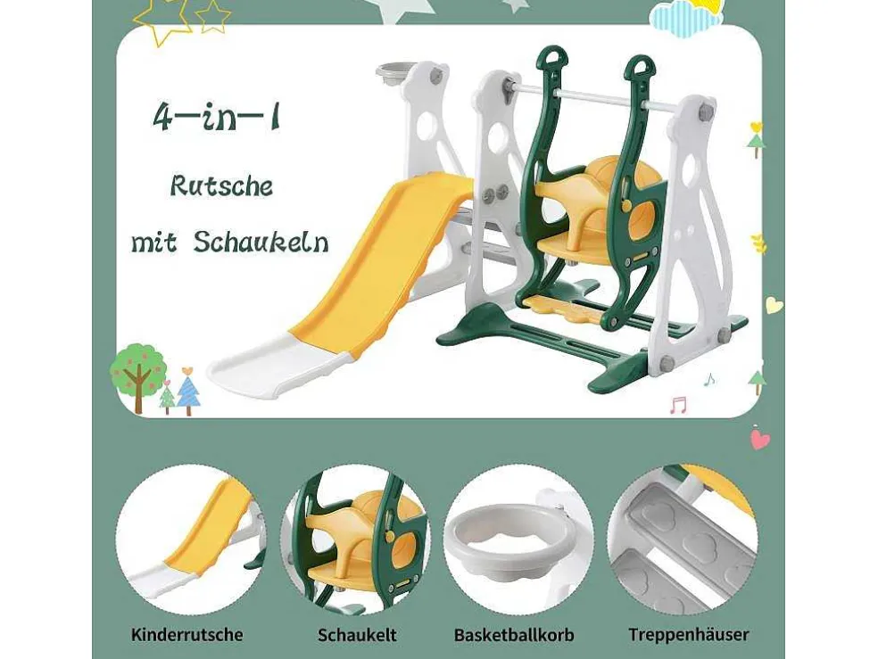 4 In 1 Glijbaan - Met Trap, Schommel, Basketbalring - Groen