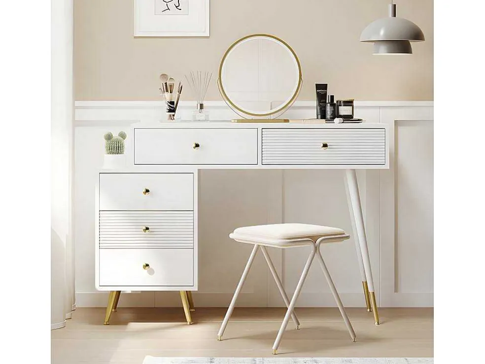 Kaptafel Met Spiegel En Led-Verlichting - 2 Lades En Een Uitneembare Kast - Wit (Kruk Niet Inbegrepen)