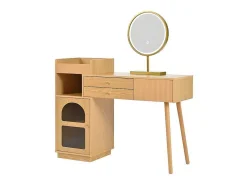 Kaptafel Met Spiegel En Led-Verlichting - 3 Lades En Een Zijkastje - Naturel (Kruk Niet Inbegrepen)