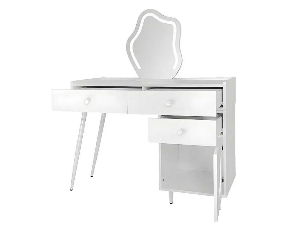 Kaptafel Met Spiegel En Led-Verlichting - 2 Lades En Een Uitneembare Kast - Wit (Kruk Niet Inbegrepen)