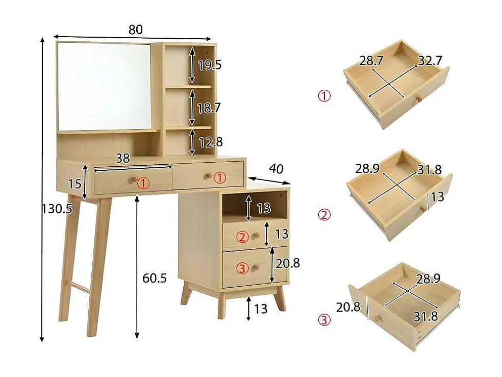 Kaptafel Met Spiegel - 4 Open Vakken En 4 Grote Lades - Naturel (Kruk Niet Inbegrepen)