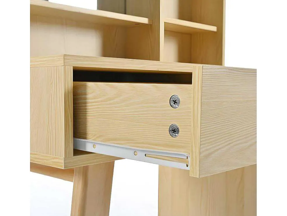 Kaptafel Met Spiegel - 4 Open Vakken En 4 Grote Lades - Naturel (Kruk Niet Inbegrepen)