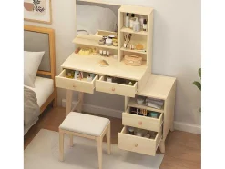 Kaptafel Met Spiegel - 4 Open Vakken En 4 Grote Lades - Naturel (Kruk Niet Inbegrepen)