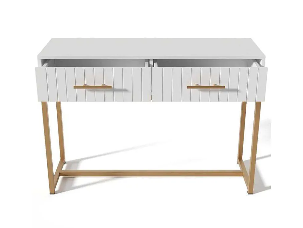 Kaptafel Versierd Met Verticale Strepen - H 75 Cm - Met 2 Laden En Metalen Onderstel - Wit
