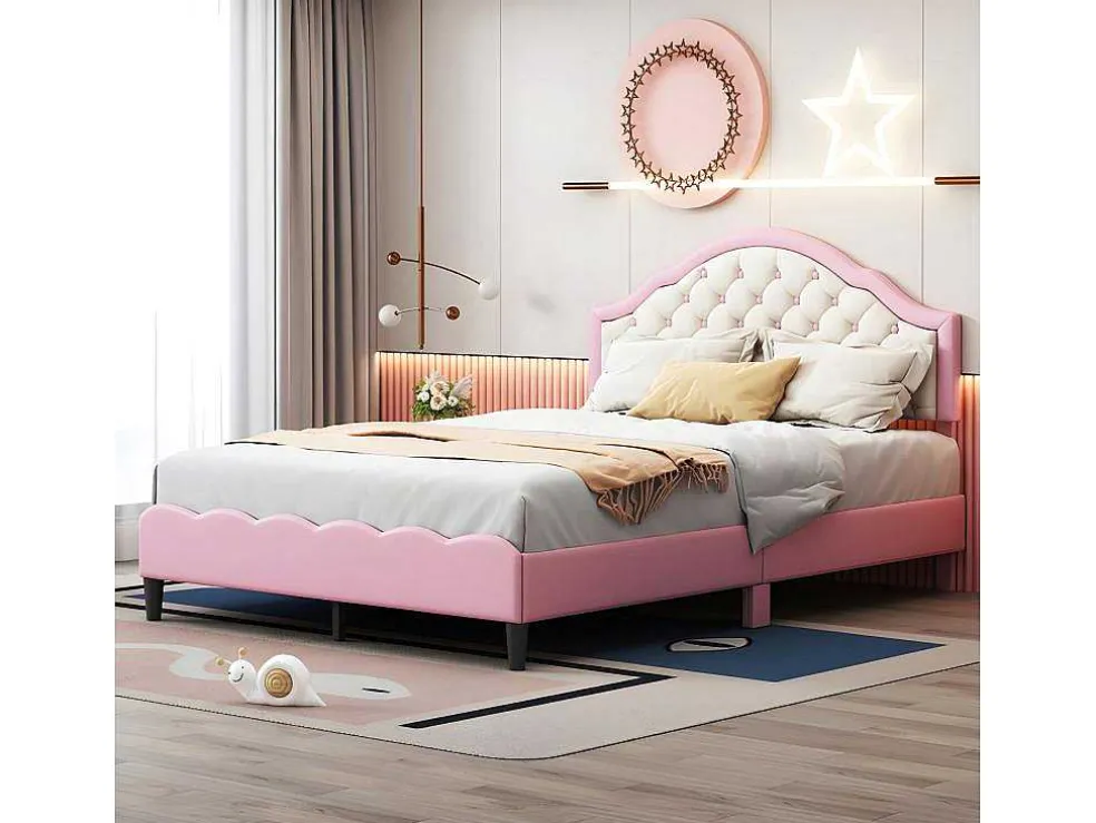 Kinderbed 140X200Cm Met Gewatteerde Rugleuning In Kunstleer - Lattenbodem - Roze