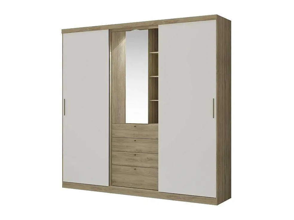 Kledingkast - Schuifdeuren - Spiegel En Laden - L240 Cm - Naturel En Ivoorkleur - Bodil Ii