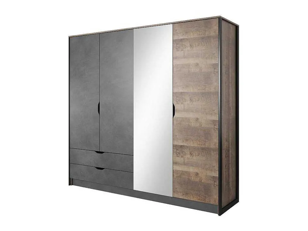 Kleerkast 4 Deuren En 2 Laden - Met Spiegel - L220 Cm - Kleur: Naturel En Antraciet - Laonile