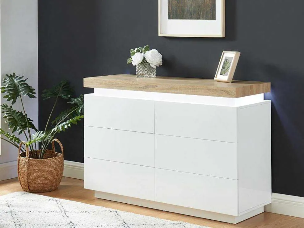 Ladekast Halo Ii - 6 Lades - Gelakt Mdf - Met Ledverlichting - Kleur: Wit En Eiken
