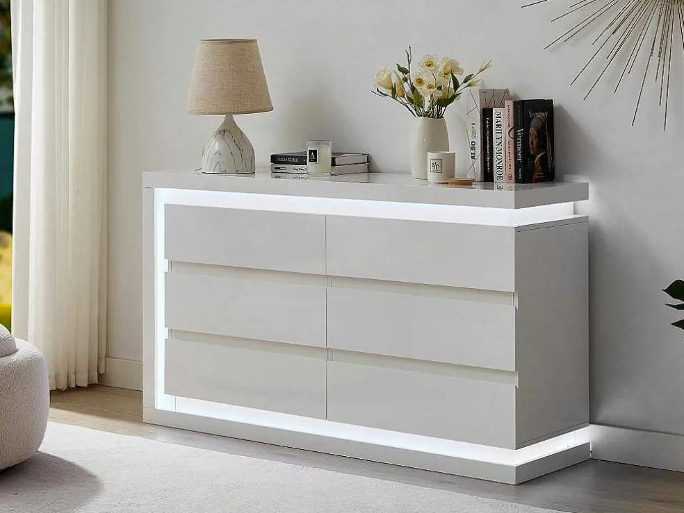 Ladekast Met 6 Lades - Met Ledverlichting - Mdf - Wit Gelakt - Flarancia