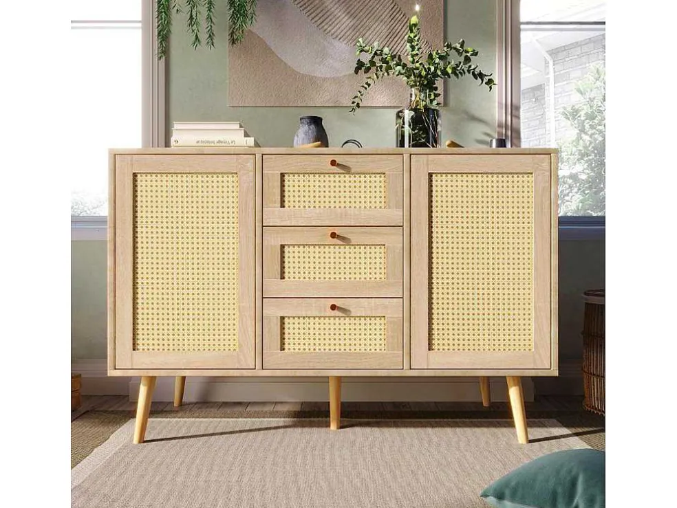 Ladekast 120 X 82 X 40 Cm Met 2 Deuren En 3 Laden In Rotan En Sonoma Eiken, Verstelbare Plank, Beige