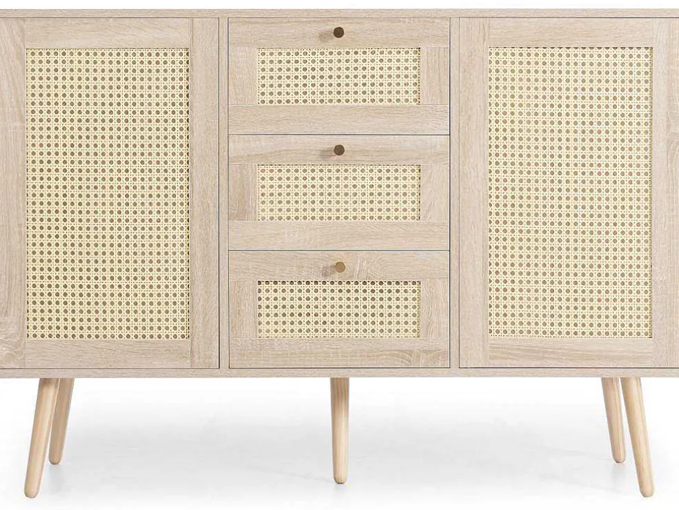 Ladekast 120 X 82 X 40 Cm Met 2 Deuren En 3 Laden In Rotan En Sonoma Eiken, Verstelbare Plank, Beige