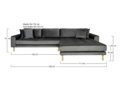 Lido Chaiselong Sofa Rechts Met 4 Kussens, Velour Grijs.