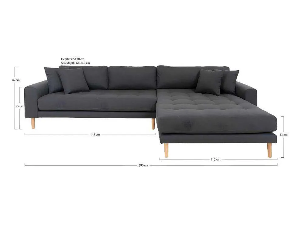 Lido Chaiselong Sofa Rechts Met 4 Kussens, Velour Grijs.