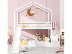 Massief Grenen Stapelbed 90X200Cm - Met Opbergtrap En Glijbaan - Wit