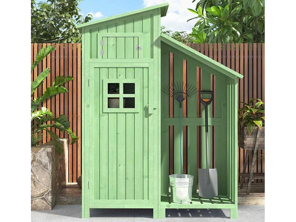 Massief Houten Tuinhuis Met Pvc Schuin Dak - 2 Planken 3 Klapdeuren - L124 X D46 X H174 Cm - Groen