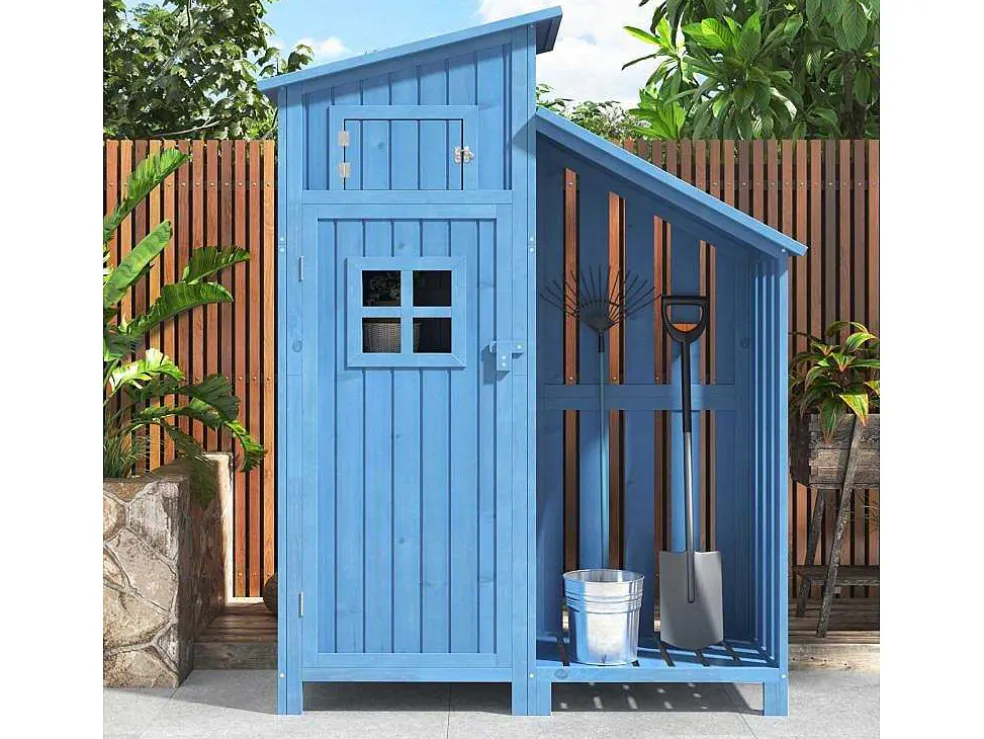 Massief Houten Tuinhuis Met Pvc Schuin Dak - 2 Planken 3 Klapdeuren - L124 X D46 X H174 Cm - Blauw