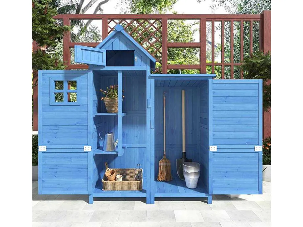 Massief Houten Tuinhuis Met Pvc Schuin Dak - 2 Planken 3 Klapdeuren - L118 X D54 X H173 Cm - Blauw