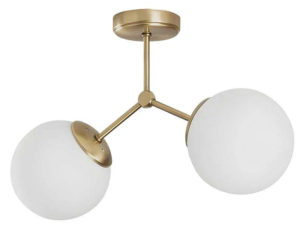 Metalen Plafondlamp Met 2 Bollen Damar - L. 44 X H. 28 Cm - Wit En Goudkleurig