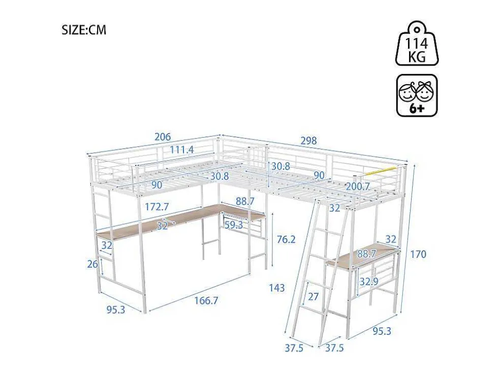 Mezzaninebed - 2 Bedden 90X200 Cm - 2 Bureaus Onder Het Bed - Wit