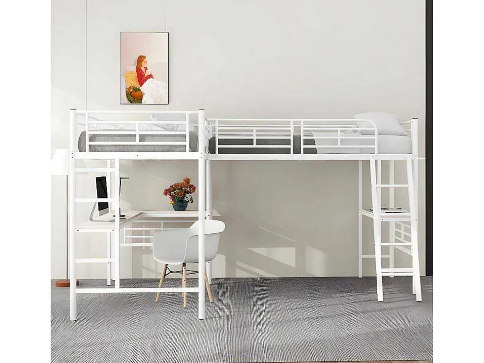 Mezzaninebed - 2 Bedden 90X200 Cm - 2 Bureaus Onder Het Bed - Wit