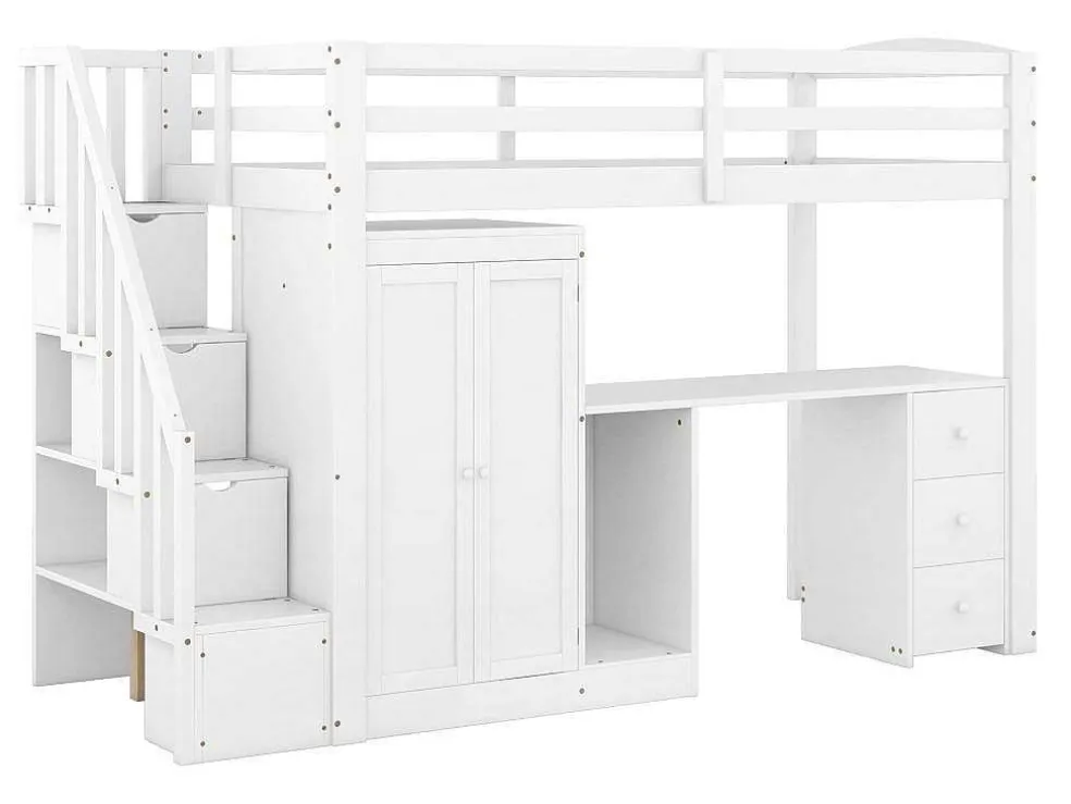 Mezzaninebed 90 X 200 Met Kledingkast En Trap, Bureau En Lades - Grenen + Mdf - Wit