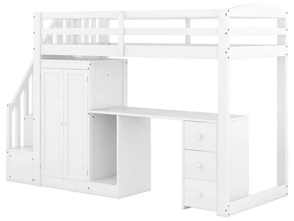Mezzaninebed 90 X 200 Met Kledingkast En Trap, Bureau En Lades - Grenen + Mdf - Wit