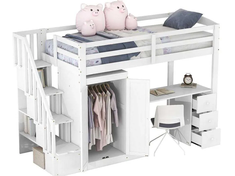 Mezzaninebed 90 X 200 Met Kledingkast En Trap, Bureau En Lades - Grenen + Mdf - Wit
