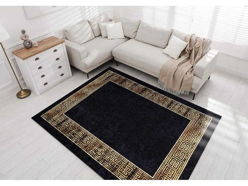 Miro 51223.806 Tapijt Wasbaar Kader, Grieks Antislip - Zwart / Goud 200X290 Cm