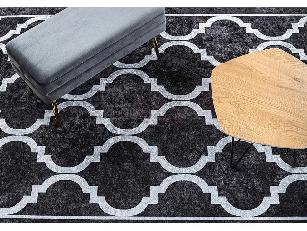 Miro 51639.806 Tapijt Wasbaar Trellis Geruite Antislip - Zwart 200X290 Cm