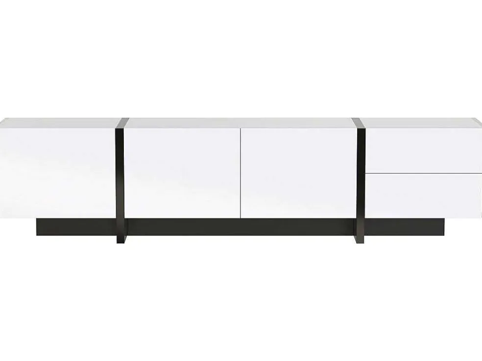 Modern Tv-Meubel 190Cm Met 3 Deuren En 2 Lades - Glanzend Wit & Zwart