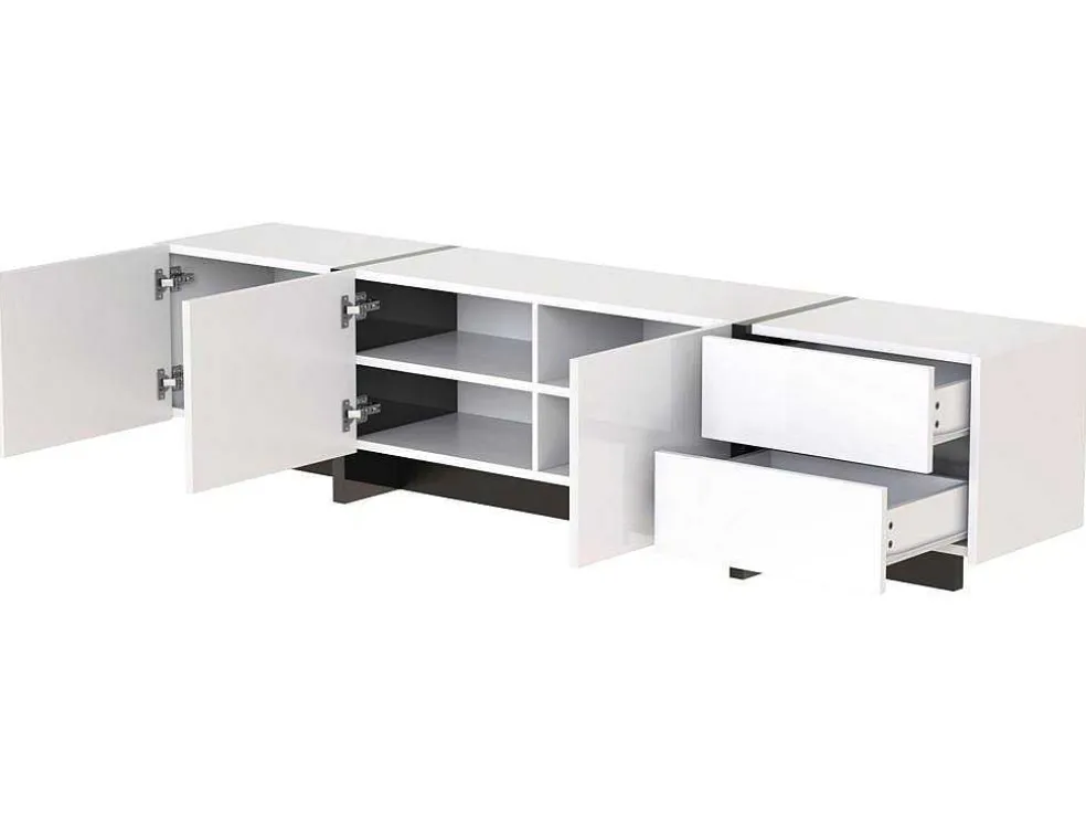 Modern Tv-Meubel 190Cm Met 3 Deuren En 2 Lades - Glanzend Wit & Zwart