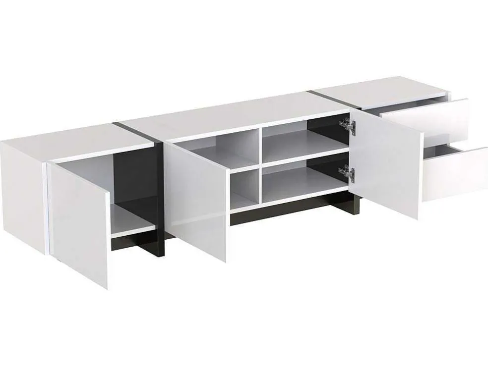 Modern Tv-Meubel 190Cm Met 3 Deuren En 2 Lades - Glanzend Wit & Zwart