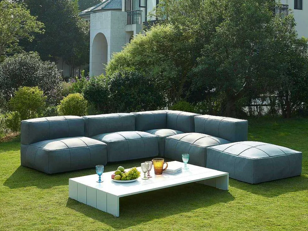 Moduleerbare Tuinzithoek 5 Plaatsen Van Stof: 3 Fauteuils, 1 Hoek, 1 Poef En 1 Salontafel - Antraciet - Livai Van Mylia