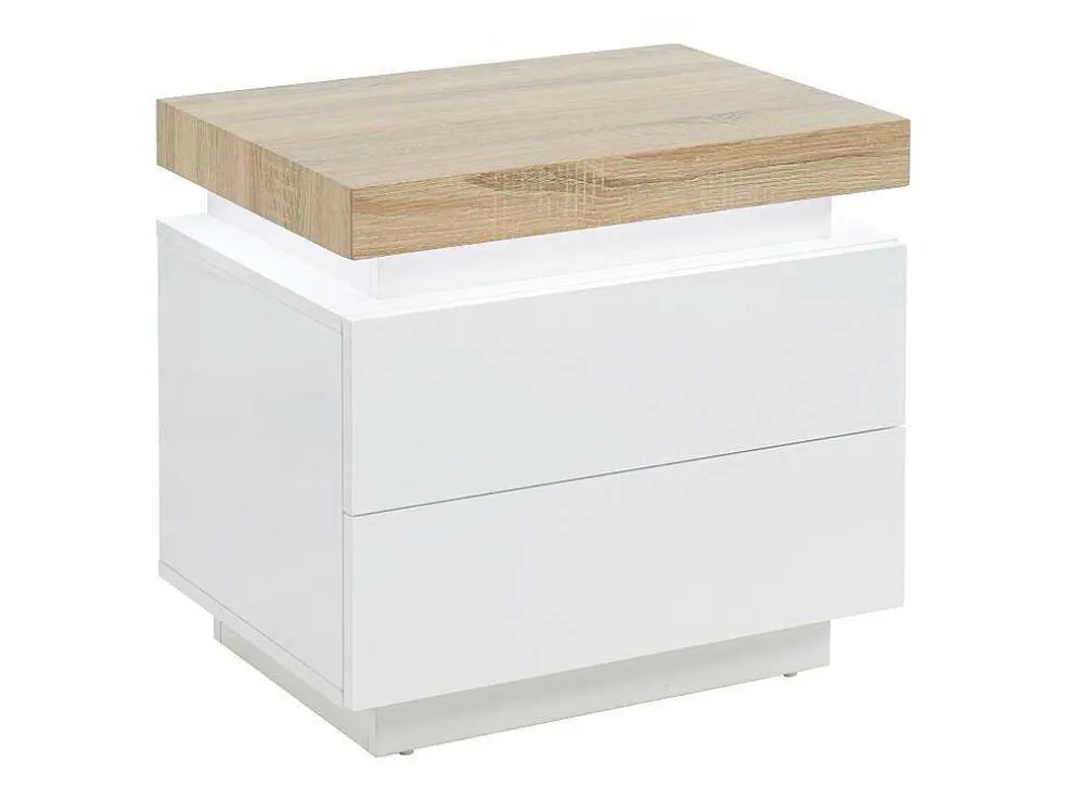 Nachtkastje - 2 Lades - Gelakt Mdf - Met Ledverlichting - Kleur: Wit En Eiken - Halo Ii