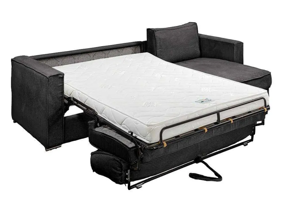 Omkeerbare Express-Hoekslaapbank Van Antracietgrijs Ribfluweel - Bed Met Brede Latten 140 Cm - Matras 14 Cm Loreto