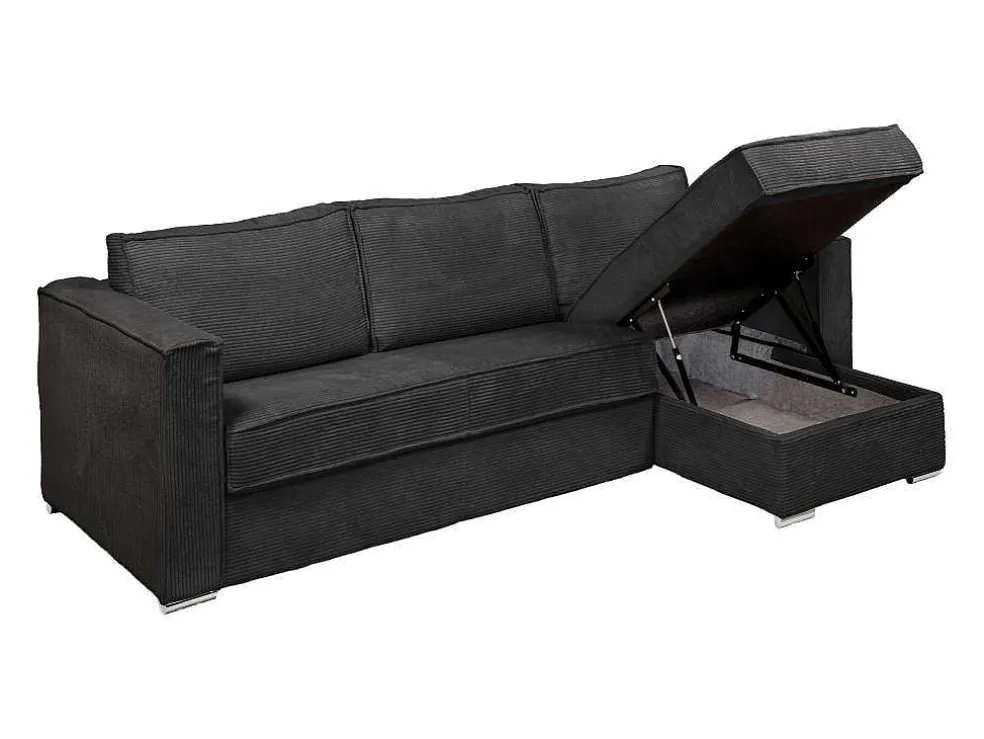 Omkeerbare Express-Hoekslaapbank Van Antracietgrijs Ribfluweel - Bed Met Brede Latten 140 Cm - Matras 14 Cm Loreto