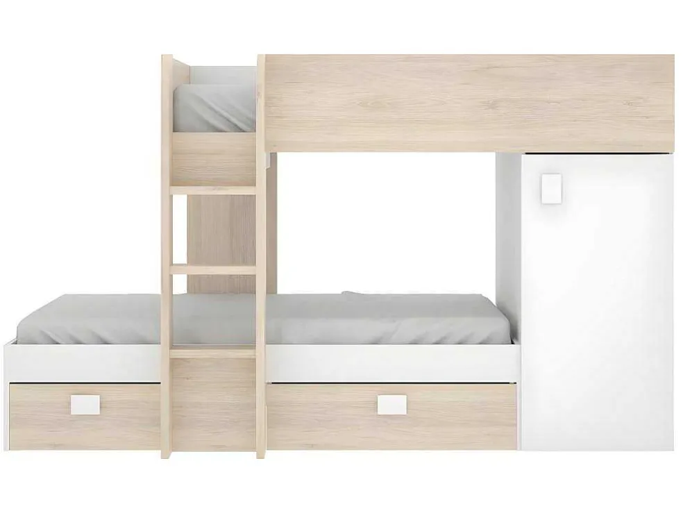Omkeerbare Hoekstapelbed Ricardo - 2 X 90X190Cm - Opbergruimte - Eiken En Wit