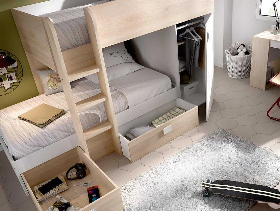 Omkeerbare Hoekstapelbed Ricardo - 2 X 90X190Cm - Opbergruimte - Eiken En Wit