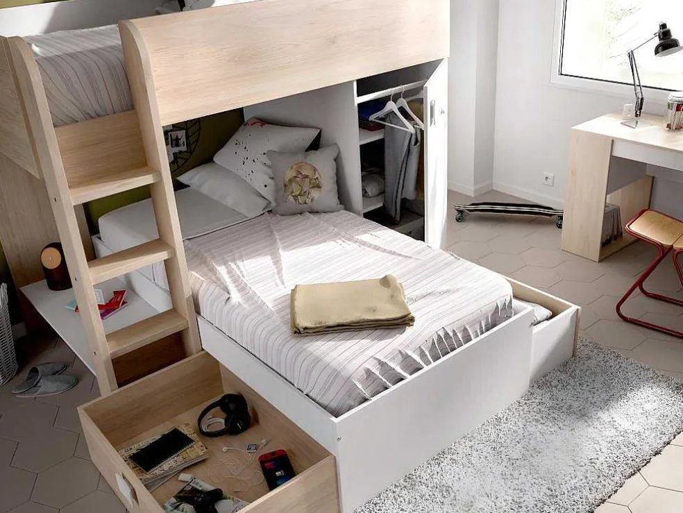 Omkeerbare Hoekstapelbed Ricardo - 2 X 90X190Cm - Opbergruimte - Eiken En Wit