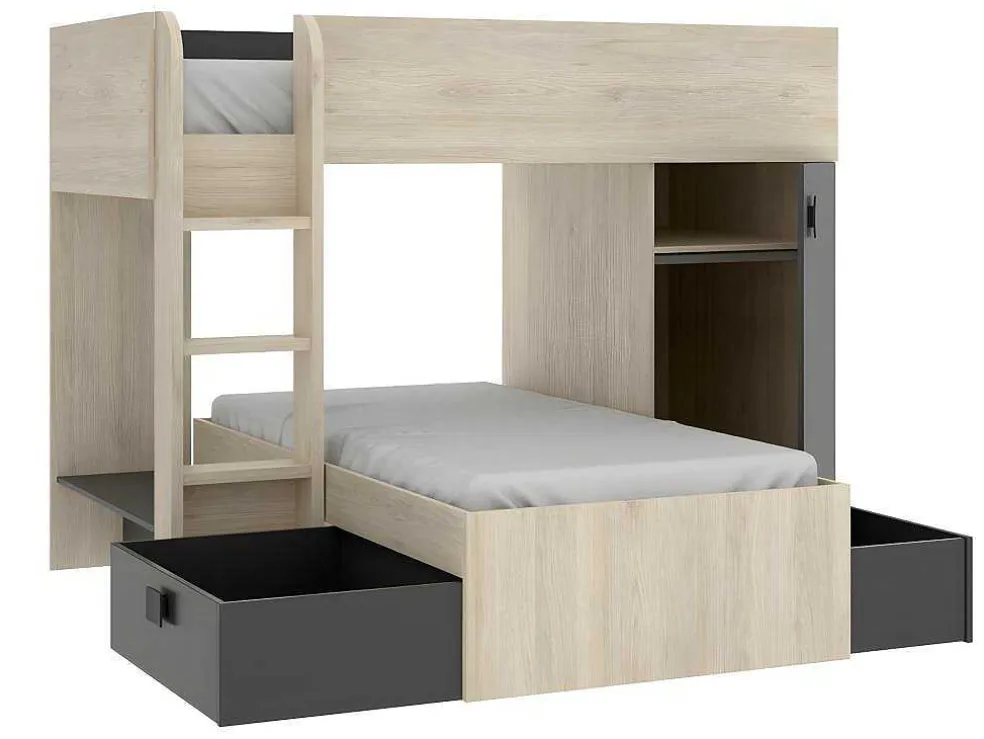 Omkeerbare Hoekstapelbed Ricardo - 2 X 90X190Cm - Opbergruimte - Grijs En Antraciet