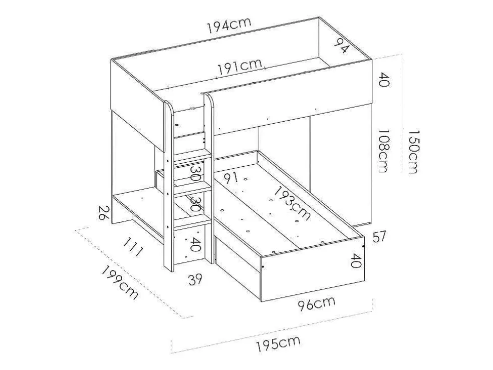 Omkeerbare Hoekstapelbed Ricardo - 2 X 90X190Cm - Opbergruimte - Grijs En Antraciet
