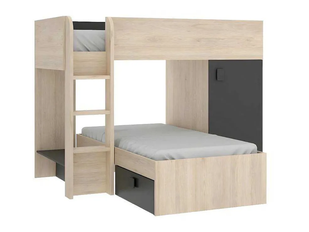 Omkeerbare Hoekstapelbed Ricardo - 2 X 90X190Cm - Opbergruimte - Grijs En Antraciet