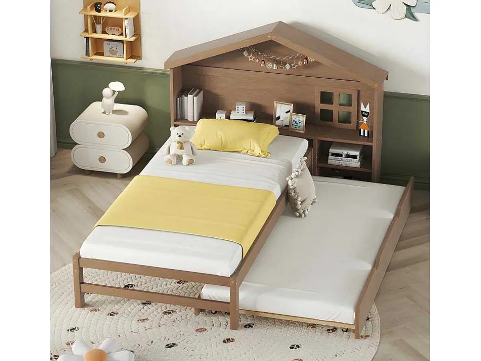 Onderschuifbed Voor Kinderen - 90X200Cm - Hoofdeinde In Huisvorm - Massief Hout - Bruin