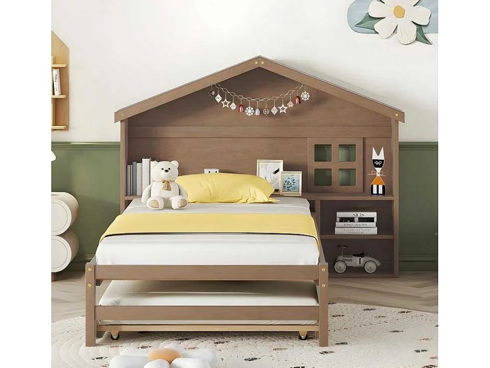 Onderschuifbed Voor Kinderen - 90X200Cm - Hoofdeinde In Huisvorm - Massief Hout - Bruin