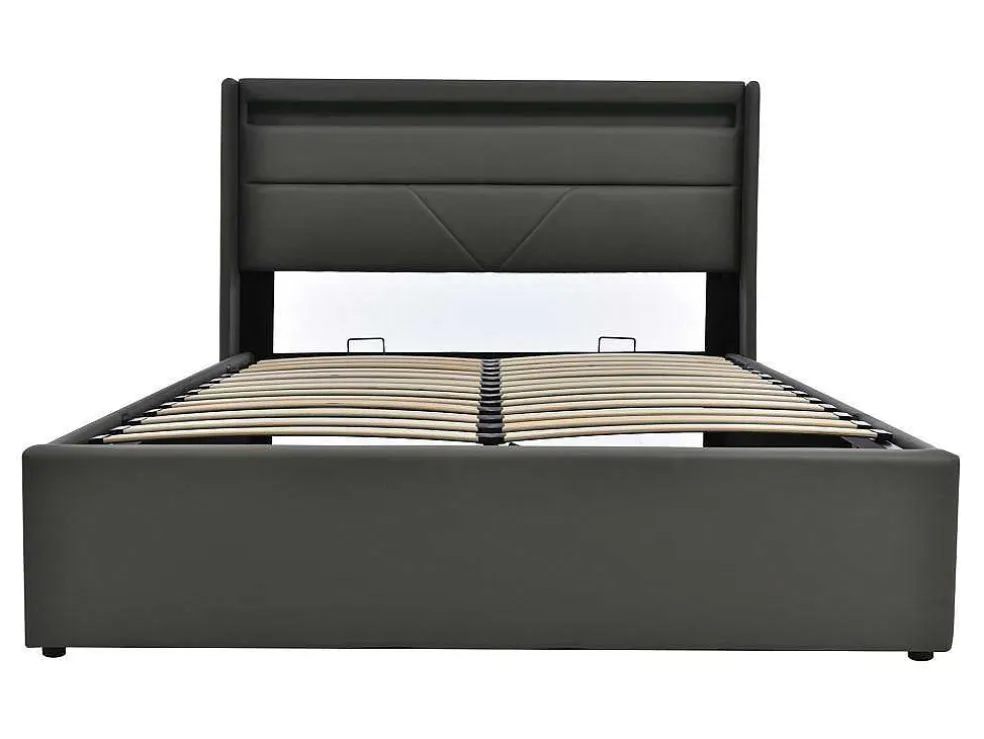 Opbergbed 140X200Cm In Kunstleer Met Led + Lattenbodem - Grijs
