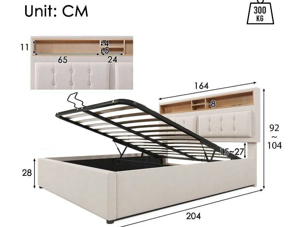 Opbergbed 160X200Cm In Linnenstof Met Usb-Poort - Verstelbaar Hoofdeinde En Lattenbodem - Beige