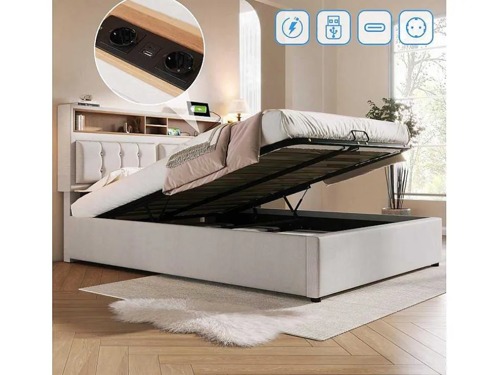 Opbergbed 160X200Cm In Linnenstof Met Usb-Poort - Verstelbaar Hoofdeinde En Lattenbodem - Beige