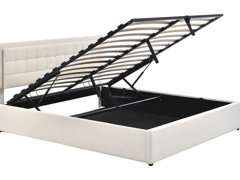 Opbergbed 180 X 200 Cm - Pu Leer - Led'S - Lattenbodem - Wit