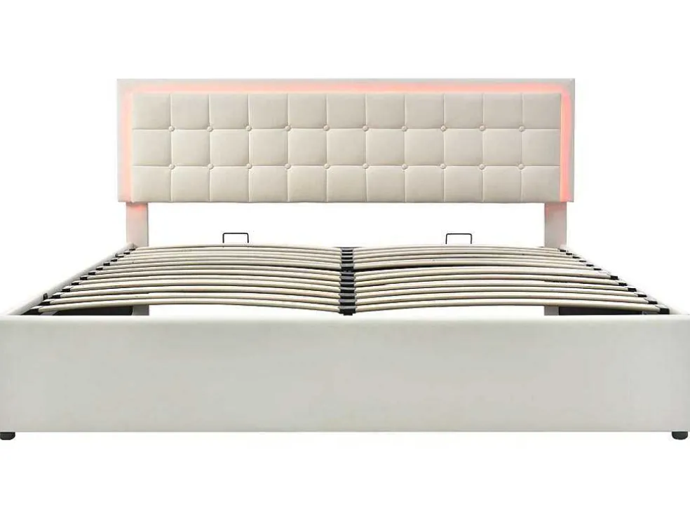 Opbergbed 180 X 200 Cm - Pu Leer - Led'S - Lattenbodem - Wit