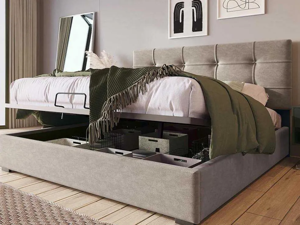 Opbergbed 140X200Cm - Stof Fluweel - Met Verstelbaar Hoofdeinde + Lattenbodem - Grijs